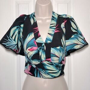 NEW Milk & Honey Pink Black Teal Yellow Tie Back Floral Summer Top size small